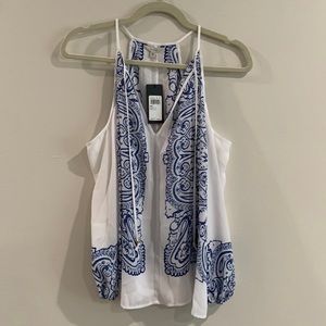 Guess Cold Shoulder White with Blue Paisley Blouse Women Size XXS